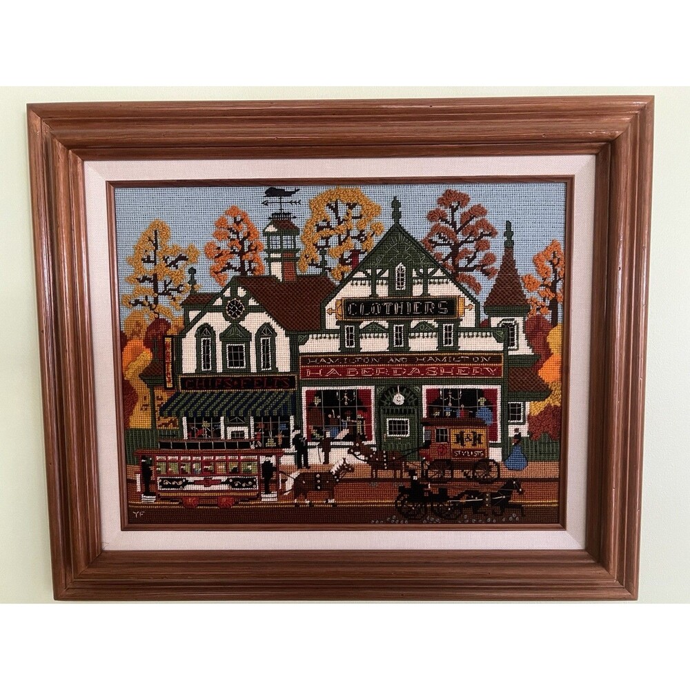 Vintage Dimensions Village Shopping 2172 Completed Needle Point Framed